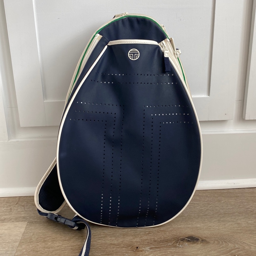 Tory Sport perforated-t tennis sling backpack. Navy